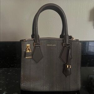 Michael Kors Dark Grey Snake-Embossed Satchel with Gold Hardware
